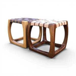 Modern Indonesian Teak Wood Stool with Woven Leather Straps <b>Seat</b> Contemporary Accent Chair for Home Decor Indoor Outdoor Use - Product Image 3