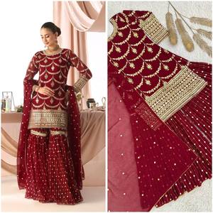 Ensemble de salwar kameez brodé pour femmes, rouge, tenue traditionnelle indienne, tenue ethnique pakistanaise, dupatta, robe de fête, robe de mariage - Product Image 5