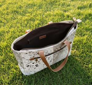 Sac fourre-tout en cuir véritable fait main avec poils de vache, pour femme, mode, logo personnalisé, fermeture éclair, broderie, vente en gros LHTB-0063 - Product Image 6