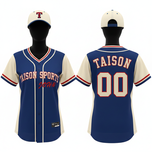 Maillot de baseball pour femme 160 GSM en maille polyester respirante de qualité supérieure, bleu roi, avec empiècement manches couleur crème et logo personnalisé en twill. - Product Image 1
