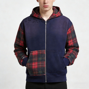 Sweat-shirt à capuche zippé pour homme, en patchwork à carreaux bleu marine, coupe classique, veste en polaire décontractée, style automne - Product Image 5