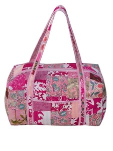 Pink Printed Textile Duffel Bag With <b>Rope</b> Handles Large Capacity Zipper Closure Weekender Travel Bag - Product Image 1