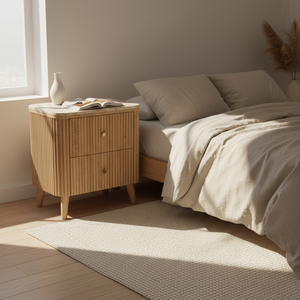 Table d'appoint moderne et écologique avec 2 tiroirs, porte à battants, en acacia, MDF, placage chêne et plateau en marbre pour salon et salle à manger - Product Image 2