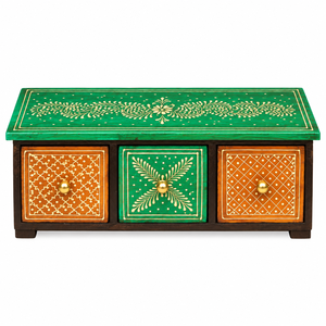 Caja de Joyería de Madera Tallada y Pintada a Mano con 3 Cajones, Almacenamiento Tradicional Indio para Decoración del Hogar - Product Image 3