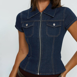 Chaqueta vaquera de manga corta para mujer, corte ajustado, con cremallera frontal, cuello y bolsillos, estilo casual de verano, efecto lavado. - Product Image 3