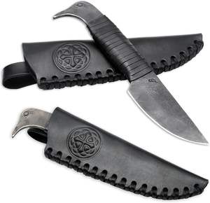 มีดแคมป์ปิ้งหัวนกไวกิ้ง ตีขึ้นรูปด้วยมือ พร้อมซองหนังแท้ ใบมีดเหล็กกล้าชุบแข็ง OEM ปรับแต่งได้ ของแท้ - Product Image 1