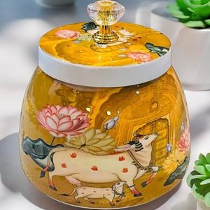 Plateau en métal décoratif avec impression émail et motif Pichwai, avec pot, pour décoration intérieure, cadeau de retour, souvenir de mariage - Product Image 1