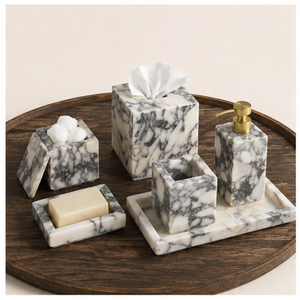 Ensemble d'accessoires de salle de bain en marbre de haute qualité, 5 pièces, organisateur de vanité en pierre naturelle artisanale pour la décoration de la maison et de l'hôtel - Product Image 3