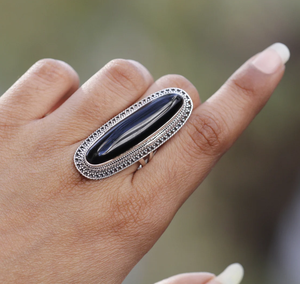 Black Onyx Long Oval Gemstone <b>Ring</b> 925 Sterling <b>Silver</b> Handmade <b>Statement</b> Gemstone Jewelry For Girl's - Product Image 2