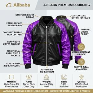 Blouson bomber en cuir PU pour homme, noir et violet, à col montant, coupe-vent, fermeture éclair, style décontracté - Product Image 6
