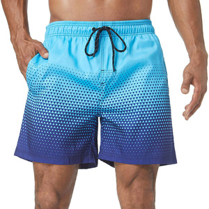 Men's Orange Blue Gradient Geometric Pattern Quick Dry Polyester Board Shorts Mid Waist Drawstring Swim Trunks - Product Image 5