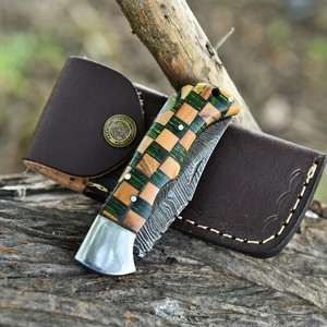 Nordic Forge Damascus Steel Folding <b>Knife</b> Back <b>Lock</b> Olive & Pakka wood Handle Sheath Pocket EDC Camping Hunting <b>Knife</b> - Product Image 4