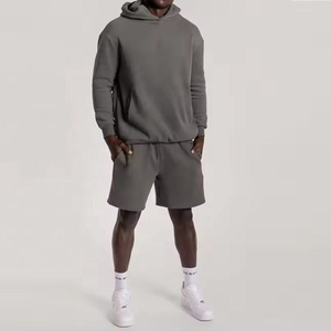 Conjunto de Sudadera con Capucha Oversize y Pantalones Cortos para Hombre, Color Gris Carbón Oscuro, de Felpa Pesada, Dos Piezas, Venta al por Mayor OEM - Product Image 4