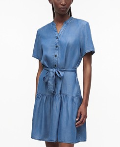 Women's Denim Shirt Dress V-Neck Short Sleeve Skinny Fit Maxi with Belt Casual Summer Solid Blue Cotton Woven Vintage - Product Image 1