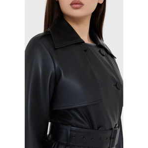 Manteau long noir moderne pour femme, double boutonnage, style gothique, en similicuir, sur mesure, vente en gros 2026 - Product Image 2