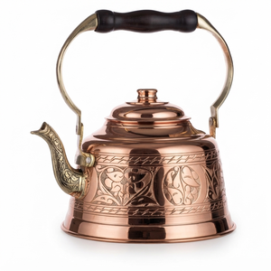 Bouilloire à thé en cuivre gravée de motifs floraux, bec en laiton, poignée en bois, artisanale, vintage, pour faire bouillir l'eau, OEM ODM, directement de l'usine - Product Image 1