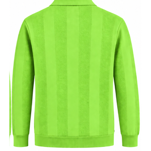 Neon Lime <b>Green</b> <b>Mens</b> Long Sleeve Knitted <b>Polo</b> <b>Shirt</b> Textured Vertical Stripe Pattern Ribbed Hem Smart Casual Premium Fashion T - Product Image 2