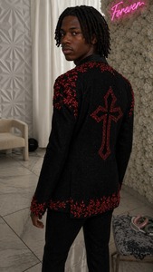 Men’s Black Embellished <b>Blazer</b> Red Floral Handwork Designer Tuxedo Jacket Party Wear Slim Fit Suit - Product Image 2