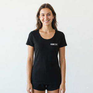Camiseta de Manga Corta para Mujer, Cuello Redondo, Color Negro, Corte Regular, Estilo Casual, Tejido Jersey, Color Sólido, con Estampado del Logotipo Hawk Eye - Product Image 4