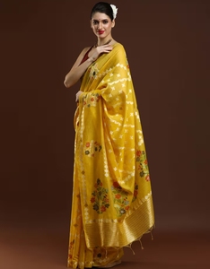 Sari Banarasi Amarillo Estampado para Mujer KV con Blusa Sin Coser - Product Image 2