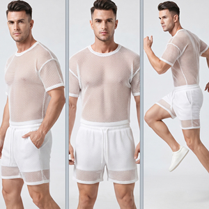 Ensemble T-shirt et short en maille pour homme, blanc, 100 % polyester, léger, été, avec short à cordon de serrage pour homme - Product Image 3