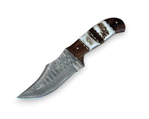 Cuchillo Skinner de Hoja Fija de Acero de Damasco con Mango de Palisandro y Asta de Ciervo, Funda de Cuero, Espiga Completa, para Caza y Camping, ODM/OEM - Product Image 3