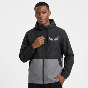 Chaqueta Cortavientos con Capucha para Hombre, Diseño Color Block Negro y Gris, Cierre Frontal con Cremallera, Logotipo, Estilo Casual, Ropa de Primavera para Exteriores - Product Image 6