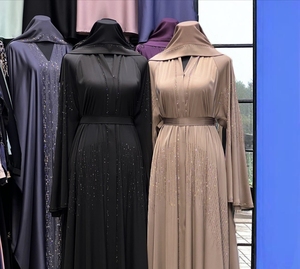 Wholesale Modest Dubai Beaded Sequined Long Sleeve <b>Abaya</b> Muslim Traditional Handmade Wedding Women Polyester Breathable V Neck - Product Image 1