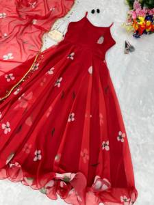 Vestido Anarkali de organza con estampado floral, hermoso y elegante para fiestas, con pantalón y dupatta, completamente cosido y listo para usar. - Product Image 6