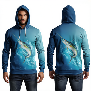 เสื้อฮู้ดดี้ตกปลา Ocean Drift Sailfish UPF 50 Plus Size ระบายอากาศได้ดี ป้องกันแบคทีเรีย/รังสียูวี แห้งเร็ว สีฟ้าอมเขียว พิมพ์ลายแบบ Sublimation - Product Image 3