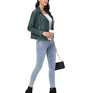 Chaqueta Bomber de Cuero Genuino para Mujer, Color Sólido, Cierre de Cremallera, Manga Larga, Cuello Alto, Estilo Otoñal, Tejido Transpirable - Product Image 3