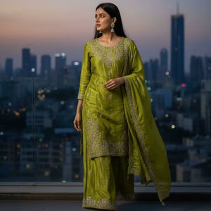 Ensemble Kurta Palazzo vert brodé pour femme avec dupatta – Élégant costume ethnique indien/pakistanais pour occasions festives et soirées - Product Image 1