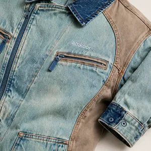 Veste en jean pour homme, couleur personnalisée, avec empiècements contrastés, fermeture éclair, col rabattu, style décontracté, pour l'automne - Product Image 6
