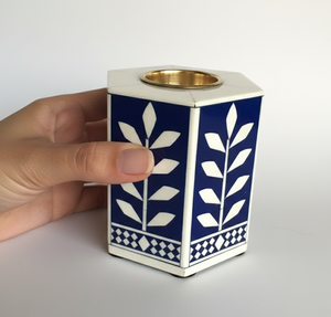 Support à bougie en résine de style turc – Porte-bougie hexagonal en mosaïque de résine bleu et blanc, décoration de luxe pour Ramadan/Eid, vente en gros - Product Image 2