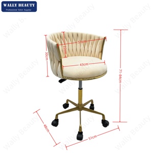 เก้าอี้ช่างทำเล็บกำมะหยี่แบบถัก สีงาช้าง ด้านหลังสีเบจ ล้อเลื่อนสีทอง ปรับความสูงได้ - Product Image 4