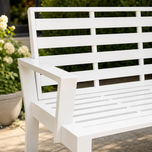 Banco de Jardín Blanco para Exteriores con Asiento y Respaldo de Listones para Patio, Césped, Balcón, Terraza, Muebles de Diseño - Product Image 4