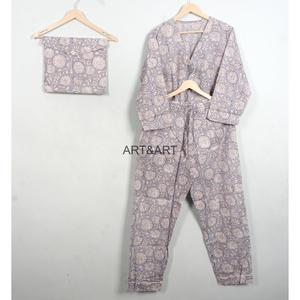 Conjunto de Pijama de Algodón 100% con Estampado Floral para Mujer, Manga Larga, Cuello en V, Cintura Elástica, Ropa de Dormir Informal, Suave y Transpirable, ART&ART Primavera - Product Image 3