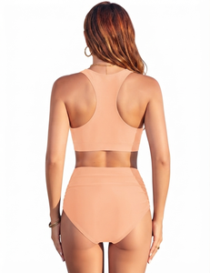 Conjunto de bikini transpirable color melocotón de dos piezas con control de abdomen, top corto cruzado, traje de baño, ropa de playa de verano - Product Image 2