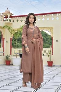 Conjunto de Traje Recto de Algodón Marrón con Bordado en Dupatta, Ropa Étnica Tradicional para Mujer, Estilo Casual de India y Pakistán - Product Image 3
