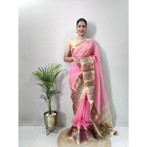 ORGANZA DE MODA BORDADA LISTO PARA USAR SAREE CON BLUSA DESCOSTADA ROSA - Product Image 1