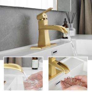 Rubinetto a cascata monocomando in nichel oro per lavabo con scarico a soffietto e tubi di alimentazione, con piastra di copertura per bagno - Product Image 3