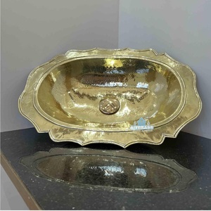 Decorative Scalloped Edge Brass Wash Basin Oval Luxury Countertop <b>Bathroom</b> <b>Sink</b> Premium Metal <b>Bowl</b> Home Hotel Restaurant Decor - Product Image 1