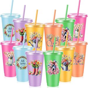 Lot de 12 gobelets réutilisables en plastique de 24 oz, motif floral 'Hello Spring', avec couvercles et pailles, pour femmes - Product Image 1
