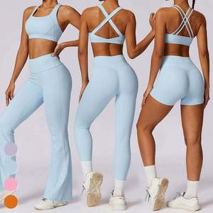 Ensemble de vêtements de sport trois pièces pour femmes, violet clair, soutien-gorge de sport extensible, short et leggings évasés, coupe ajustée, vêtements de fitness - Product Image 4