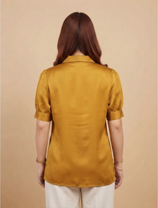 เสื้อผู้หญิงไซส์ใหญ่สีเหลืองมัสตาร์ดปักลายผ้าซาตินแขนพองคอปกพับได้เสื้อลำลองสำหรับฤดูร้อน - Product Image 2
