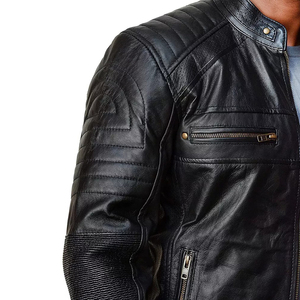 Veste en cuir de vachette noire pour homme, col montant, fermeture éclair, coupe ajustée, longueur normale, pour l'automne - Product Image 5