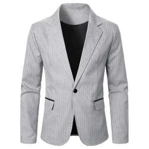 Men's Gray Pinstripe <b>Blazer</b> Single Breasted Notched Collar Slim Fit British Style Formal <b>Jacket</b> Anti-Wrinkle Polyester - Product Image 1