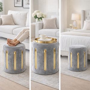Velvet Round Golden Multiple Strip Ottoman Office Stool Foot Rest Stool Linen Fabric Padded Seat <b>Pouf</b> Ottoman with Round Shape - Product Image 3