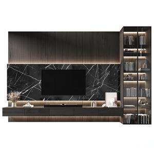 Mueble de TV de Pared con Diseño de Mármol de Lujo KEJIA, Centro de Entretenimiento Flotante Moderno de Madera Oscura con Vitrina de Vidrio para Villa - Product Image 2
