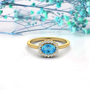 Anillo de Halo con Topacio Azul Suizo Ovalado de 7x5mm de Alta Calidad, Oro Puro de 14k, Anillo de Compromiso y Boda, Proveedor Directo al por Mayor - Product Image 4